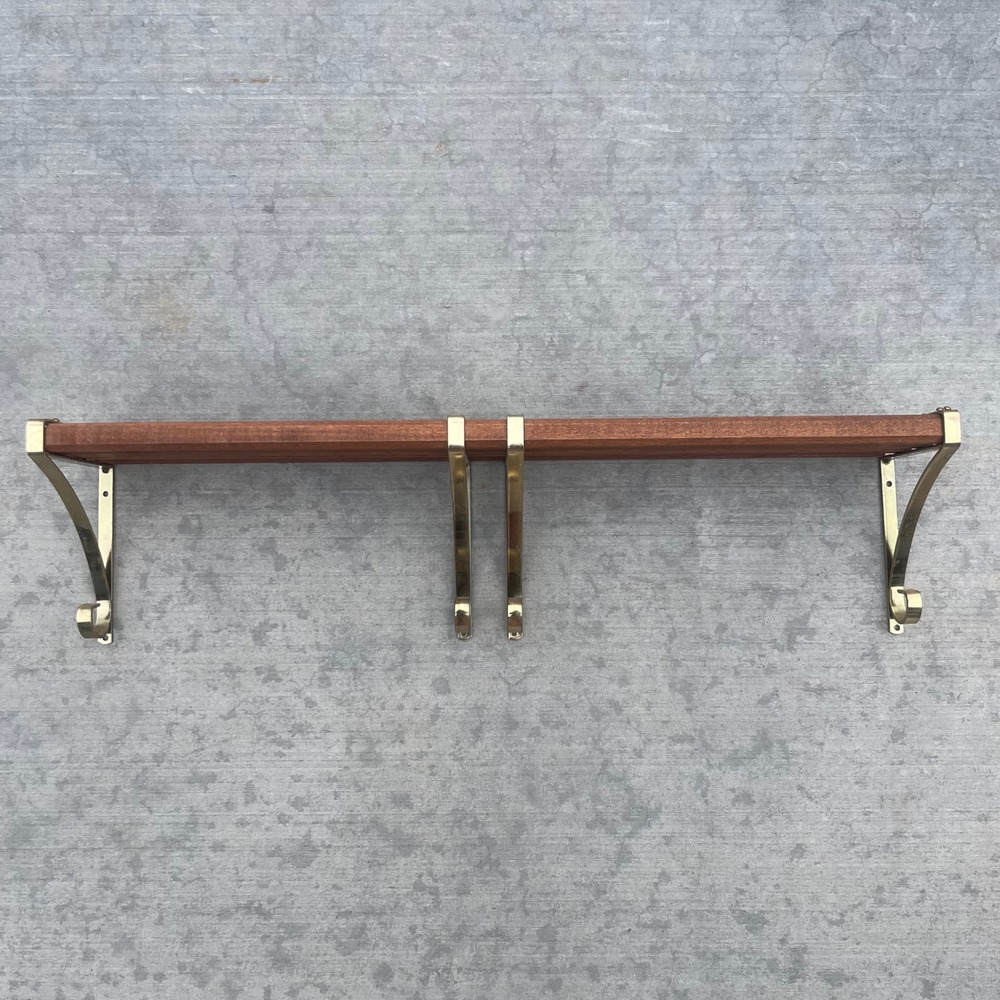 Vintage Mid Century Modern Adjustable Wood and Brass Wall Shelf 24-45 Inch Wide - Picture 8 of 12